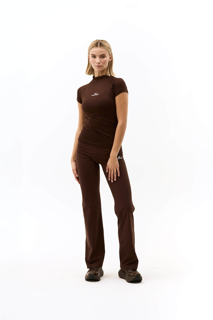 Mock Neck Stretch T-Shirt - Coffee Bean - bareen