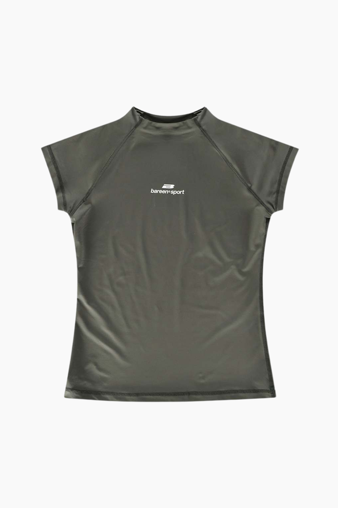 Mock Neck Stretch T-Shirt - Stone Sage Beluga - bareen