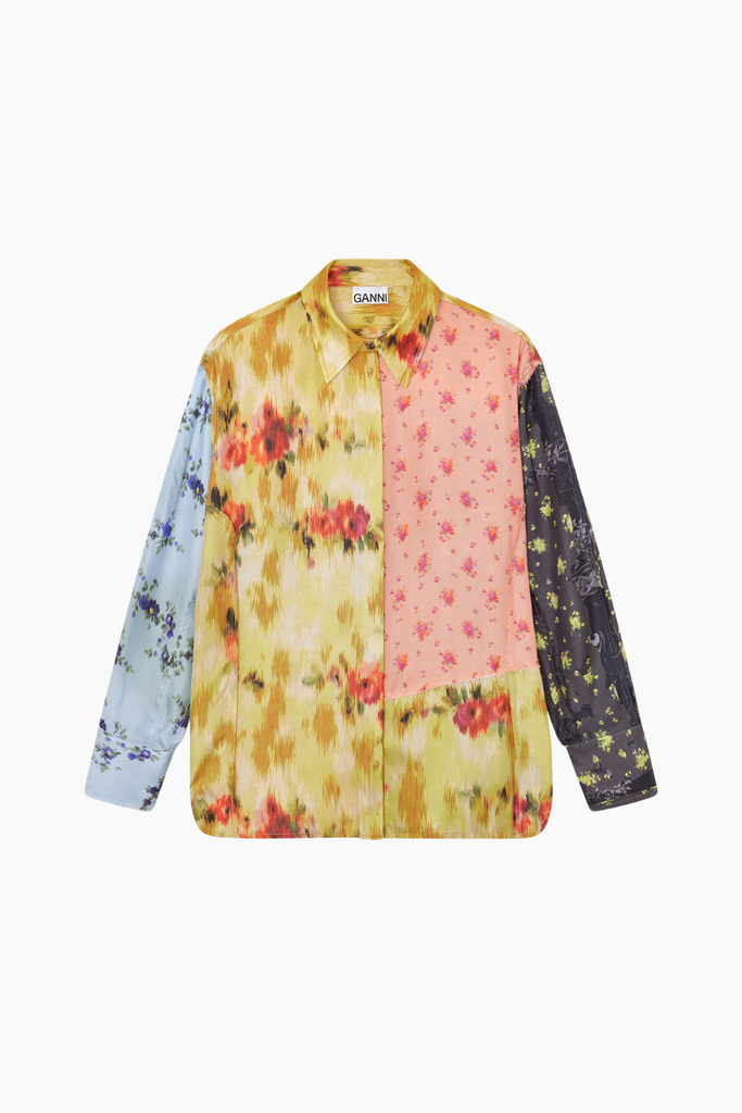 Multi Printed Silk Twill Long Sleeve Shirt A1040359 - Iced Aqua - GANNI