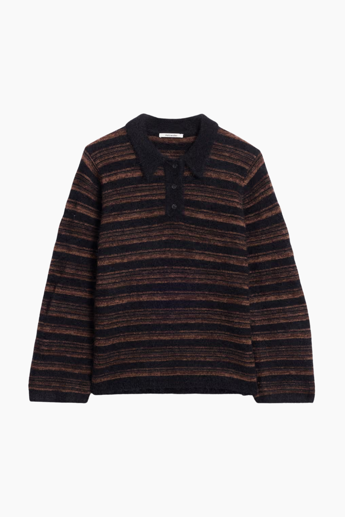 Olivia Wool Polo Sweater - Brown Stripe - Holzweiler