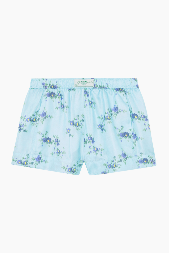 Printed Silk Twill Elasticated Shorts A1110053 - Iced Aqua - GANNI