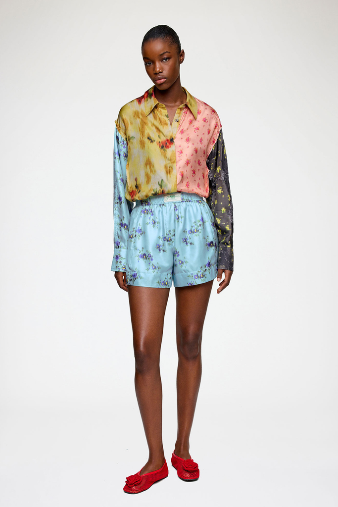 Printed Silk Twill Elasticated Shorts A1110053 - Iced Aqua - GANNI