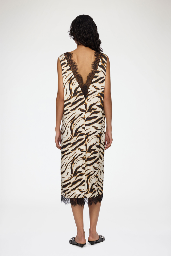 Printed Stretch Satin V-neck Midi Dress A1030663 - Egret - GANNI