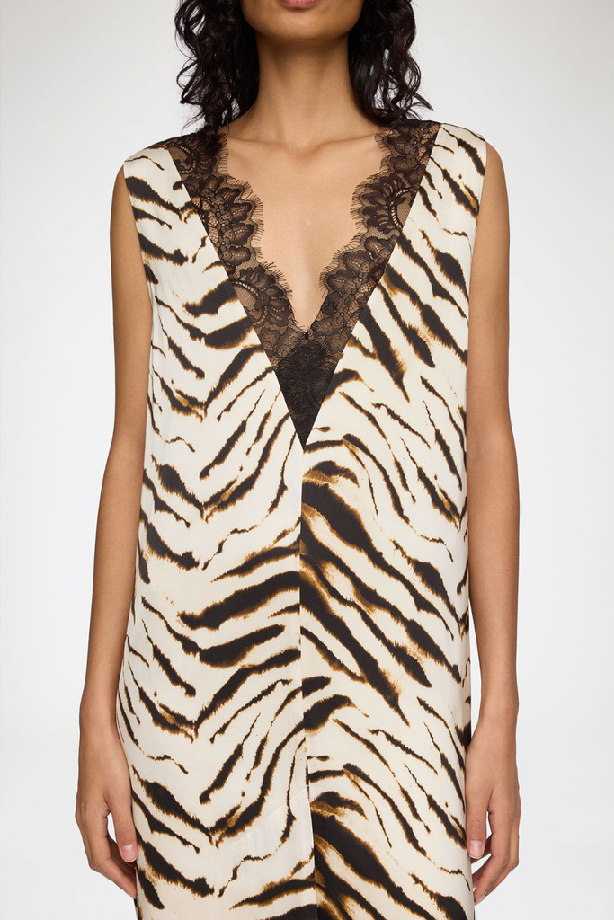 Printed Stretch Satin V-neck Midi Dress A1030663 - Egret - GANNI