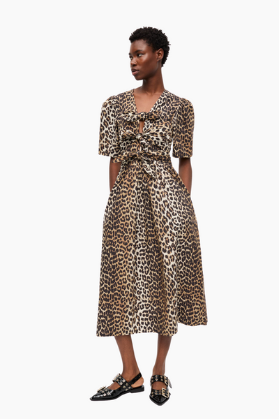 Printed Cotton Tie Strap Midi Dress W0373 - Leopard - GANNI-1