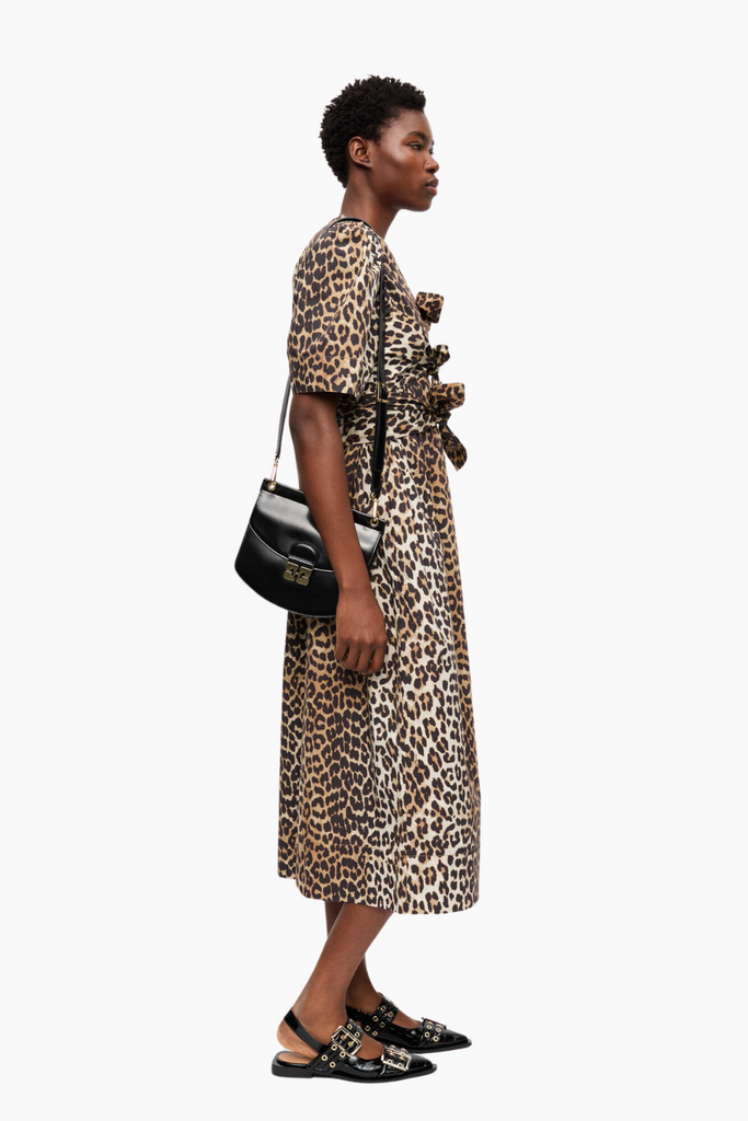 Printed Cotton Tie Strap Midi Dress W0373 - Leopard - GANNI