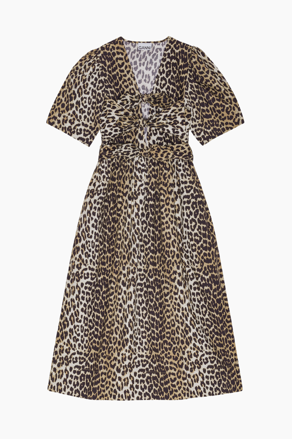Printed Cotton Tie Strap Midi Dress W0373 - Leopard - GANNI
