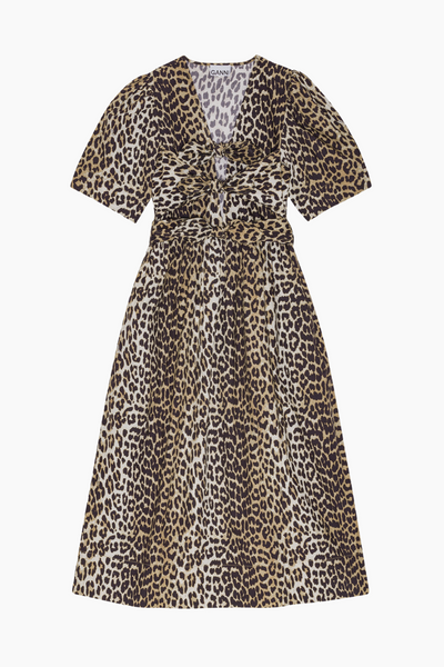 Printed Cotton Tie Strap Midi Dress W0373 - Leopard - GANNI