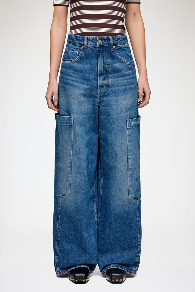 Rigid Denim Baggy Cargo Jeans A1100180 - Mid Blue Stone - GANNI