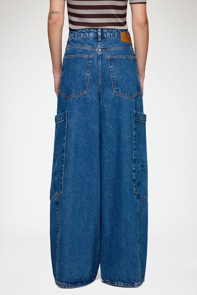 Rigid Denim Baggy Cargo Jeans A1100180 - Mid Blue Stone - GANNI
