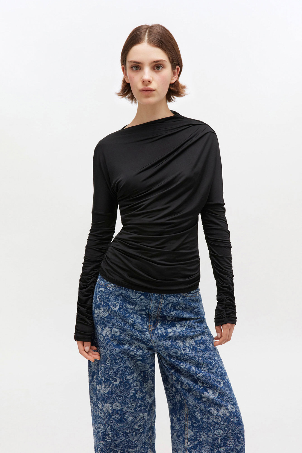 Shiny Jersey Ruched Top T4393 - Black - GANNI