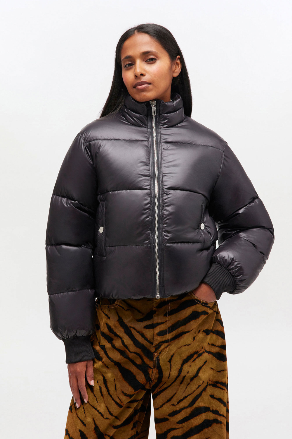 Shiny Nylon Short Puffer Jacket W0957 - Black - GANNI-1