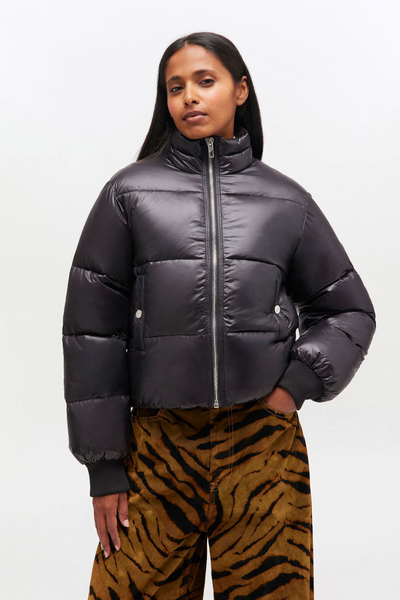 Shiny Nylon Short Puffer Jacket W0957 - Black - GANNI-1