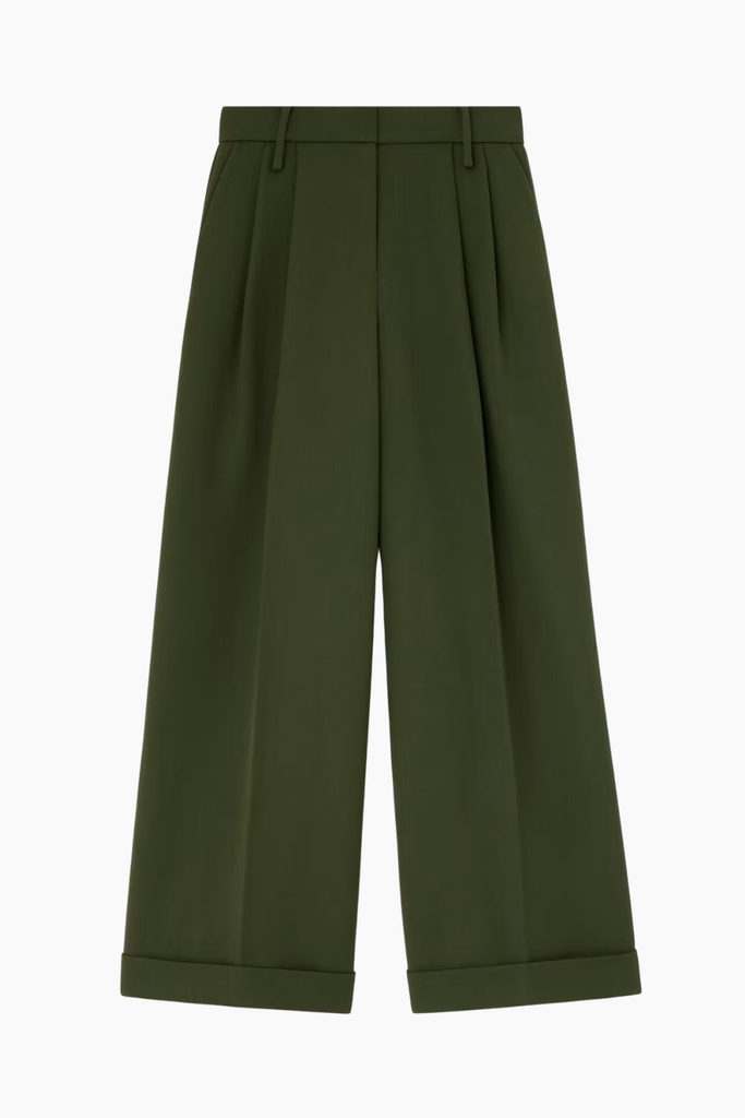 Single Wool Twill Oversized Pleated Pants - Kombu Green - GANNI