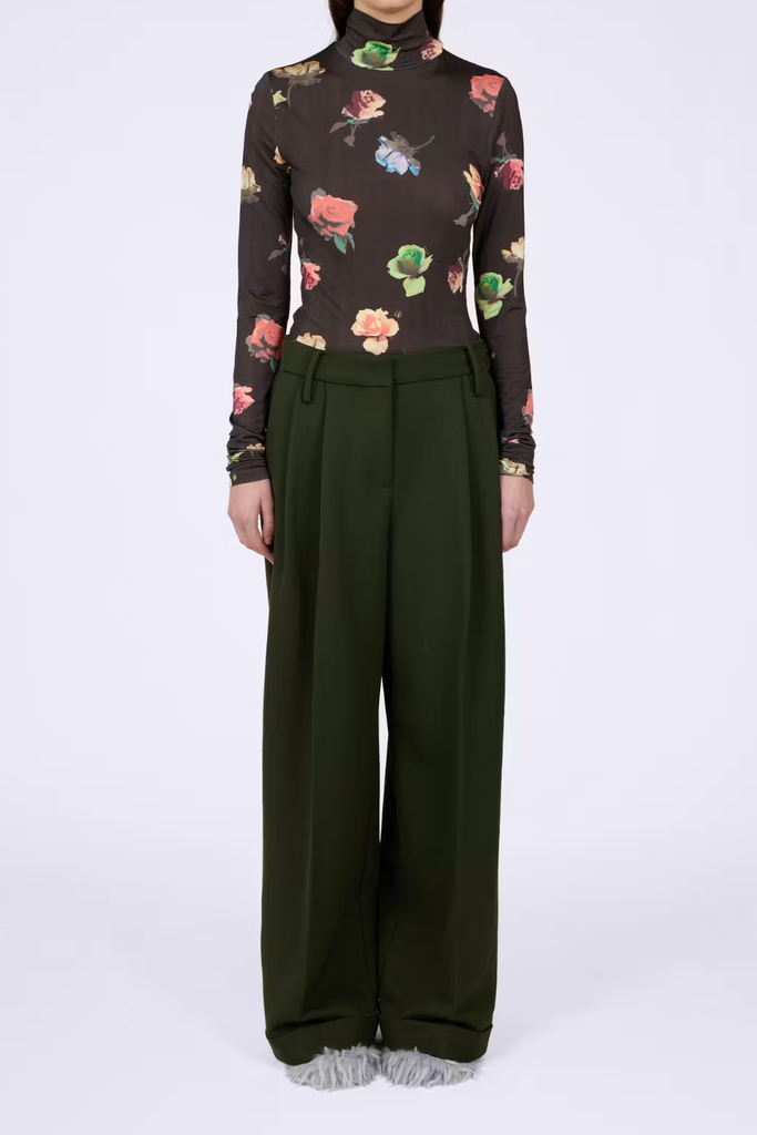 Single Wool Twill Oversized Pleated Pants - Kombu Green - GANNI