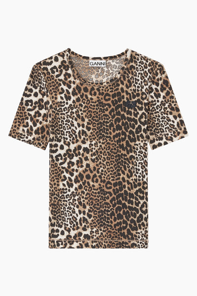 Soft Cotton Rib Short Sleeve T-Shirt T4405 - Leopard - GANNI
