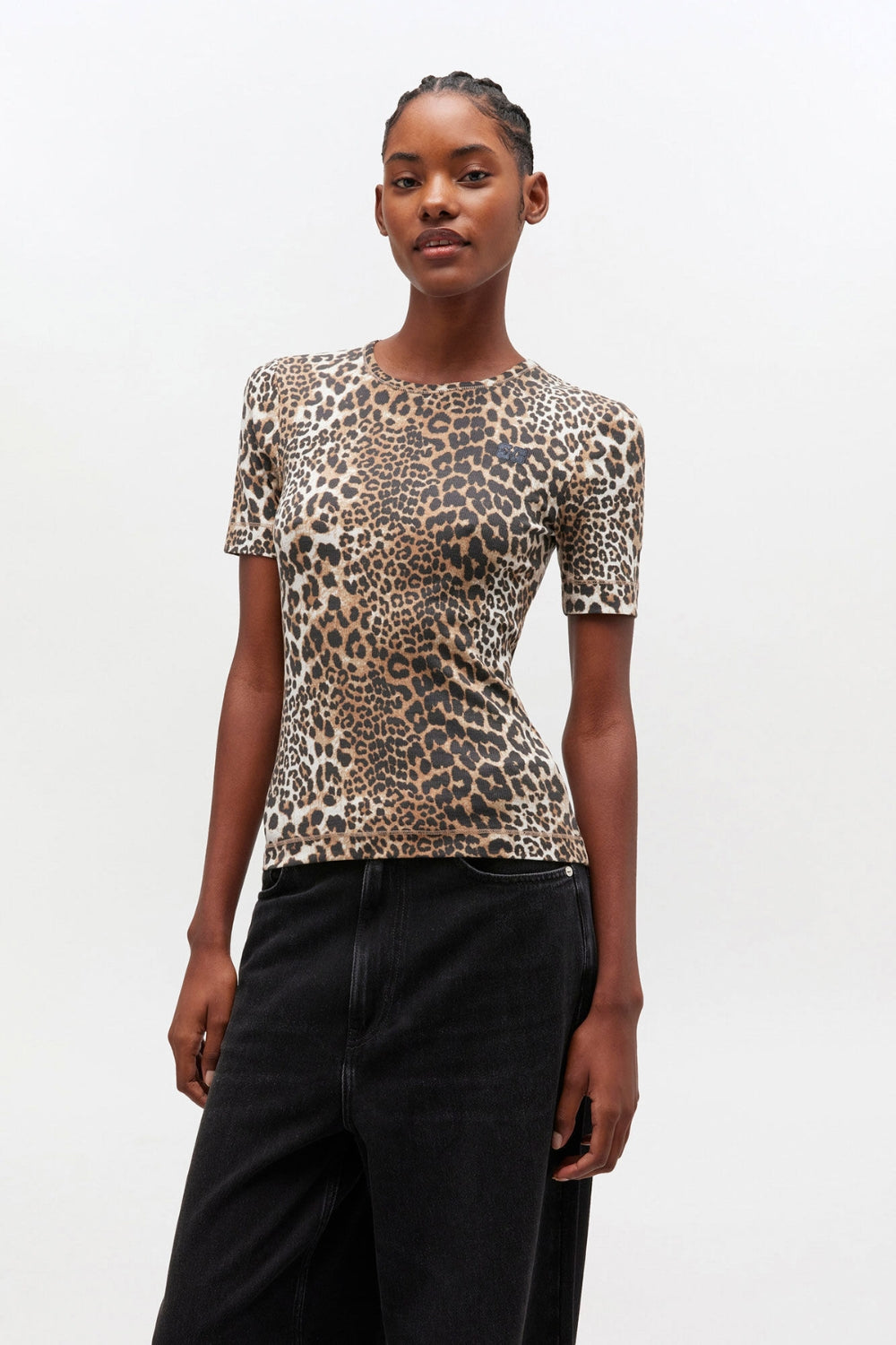 Soft Cotton Rib Short Sleeve T-Shirt T4405 - Leopard - GANNI