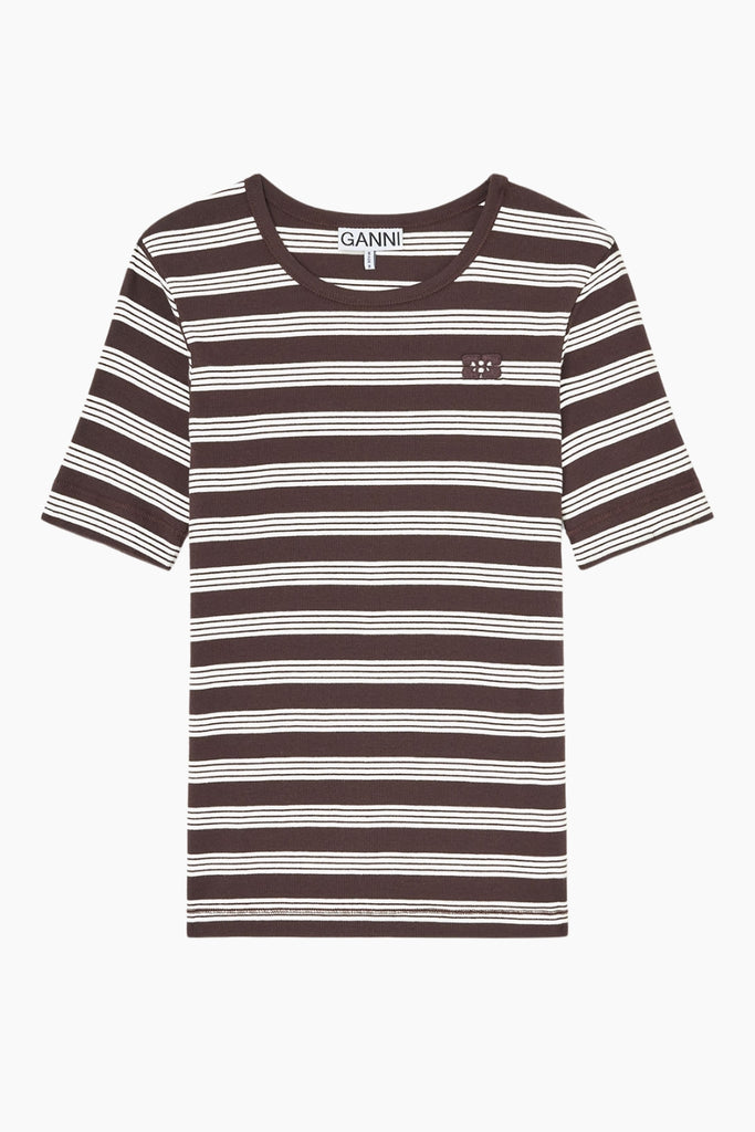 Soft Cotton Rib Short Sleeve T-shirt Stripe - Mole - GANNI