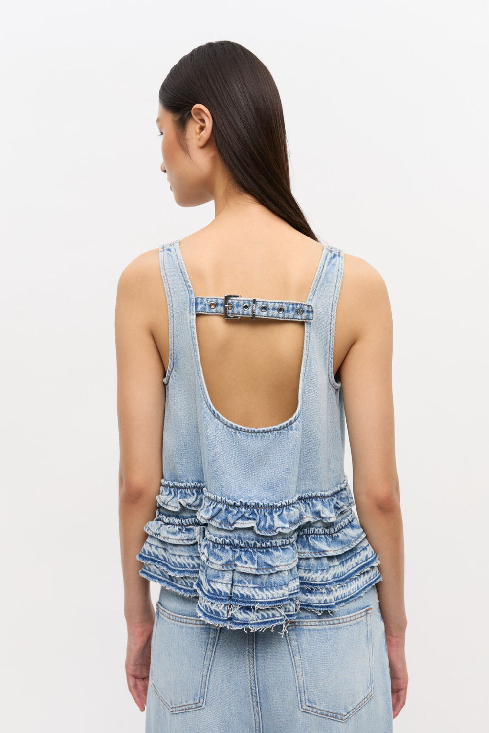 Soft Rigid Denim Frill Top J1818 - Light Blue Stone - GANNI