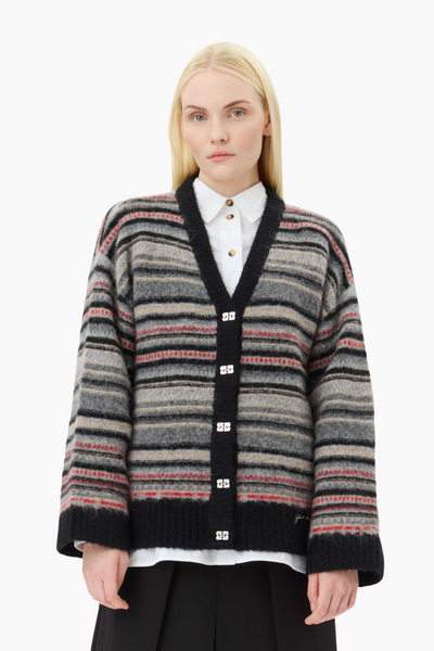 Soft Wool Stripe Boxy Cardigan K2357 - Phantom - GANNI