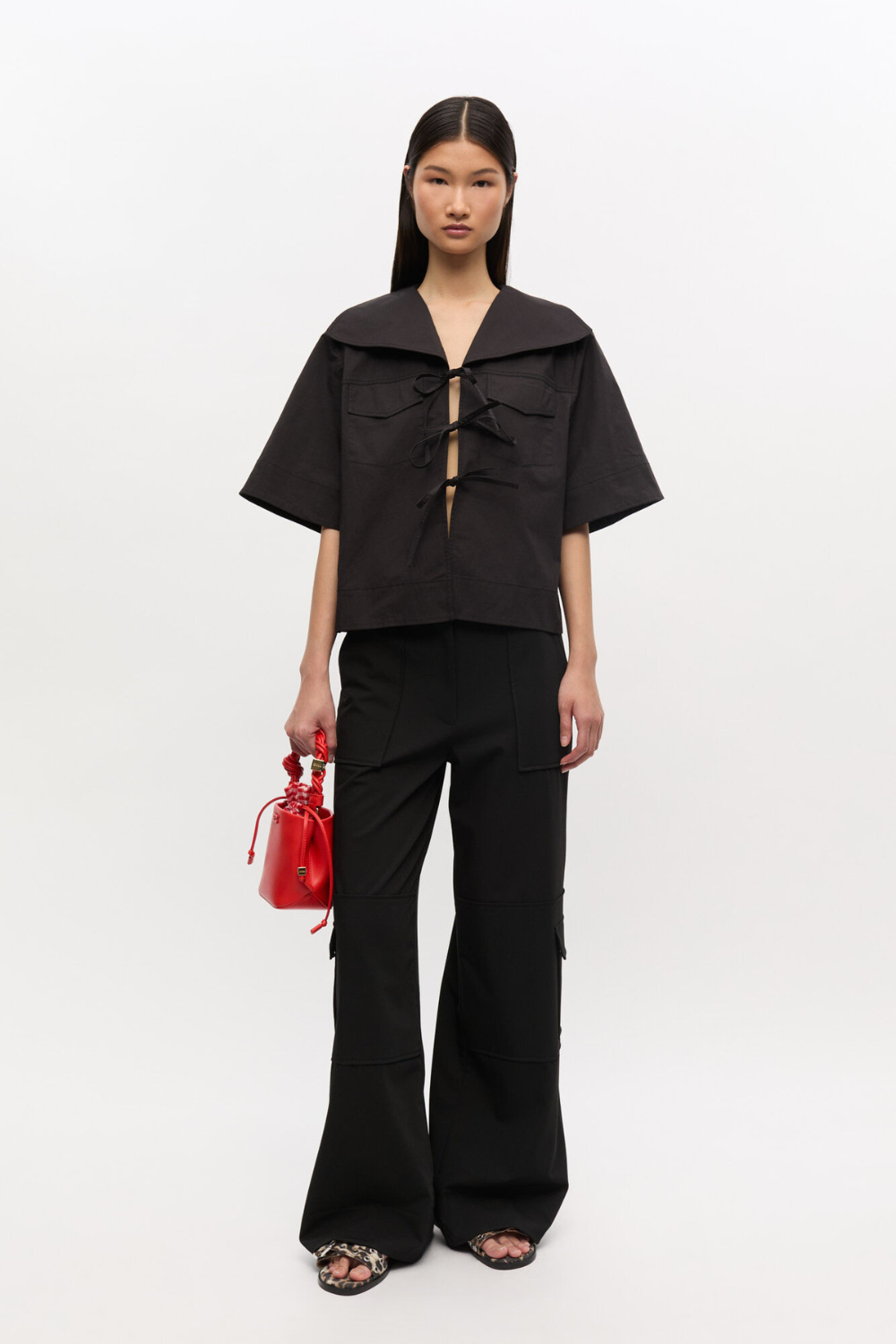 Stretch Cotton Cowl Neck Blouse W0880 - Black - GANNI