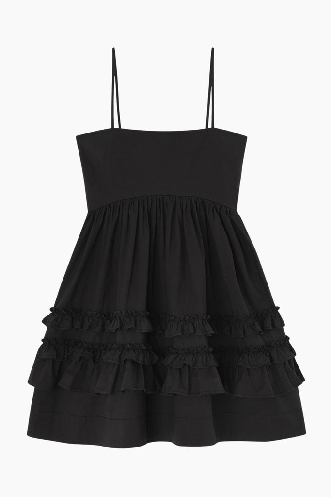 Stretch Cotton Mini Strap Dress w. Frills - Black - GANNI