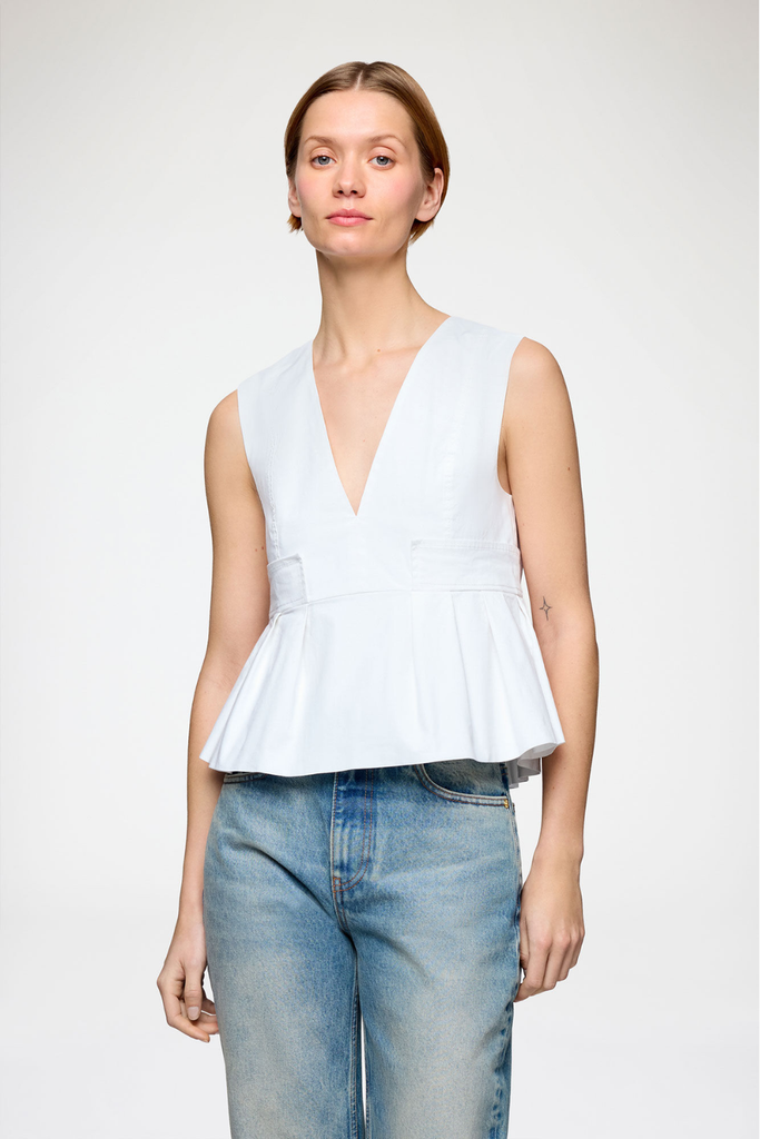 Stretch Cotton V-neck Pocket Blouse A1040124 - Bright White - GANNI