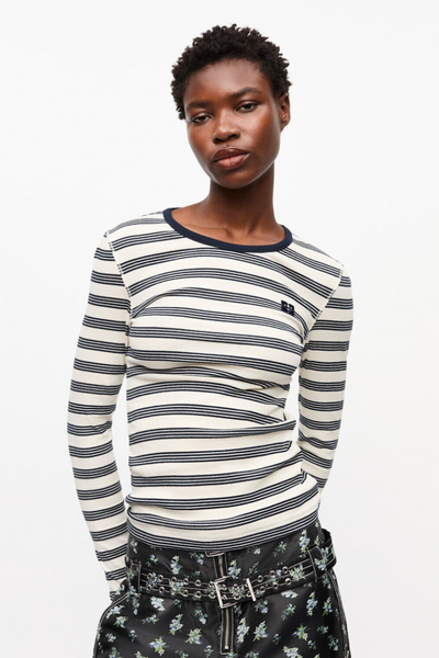 Striped Soft Cotton Rib Long Sleeve T-shirt T4145 - Sky Captain - GANNI