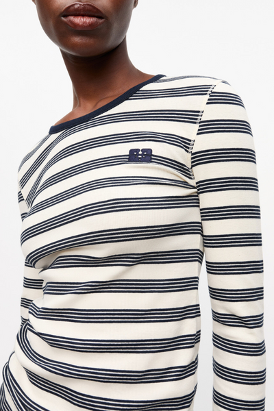 Striped Soft Cotton Rib Long Sleeve T-shirt T4145 - Sky Captain - GANNI