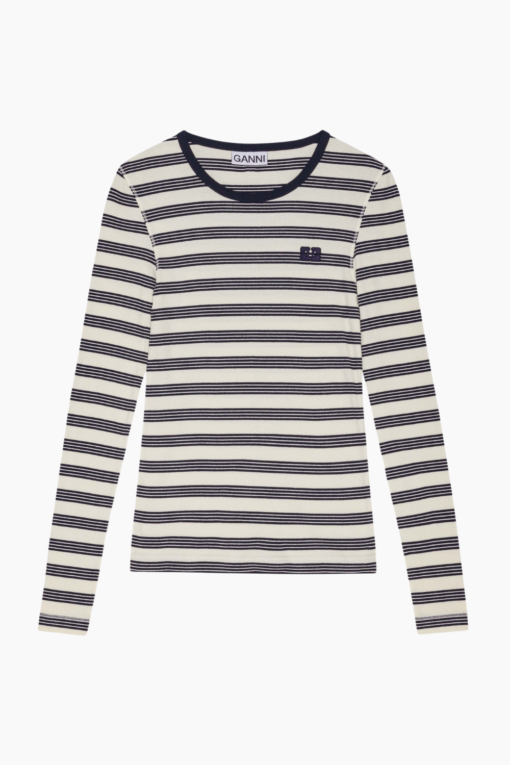 Striped Soft Cotton Rib Long Sleeve T-shirt T4145 - Sky Captain - GANNI
