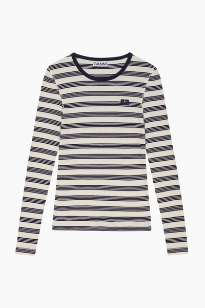 Striped Soft Cotton Rib Long Sleeve T-shirt T4145 - Sky Captain - GANNI