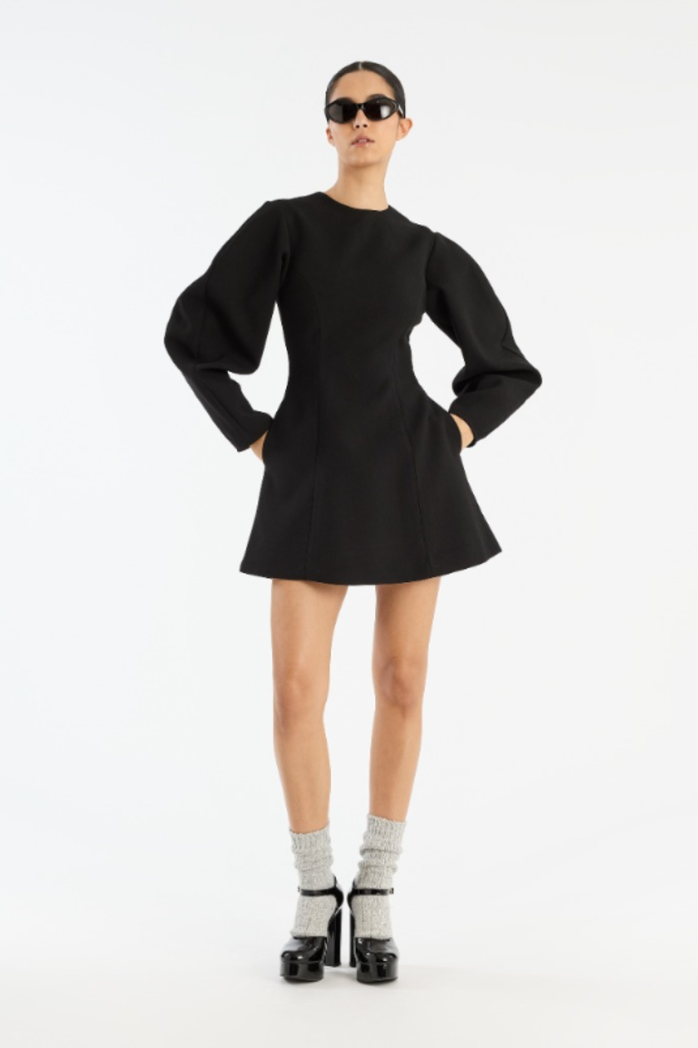 Suiting Flared Mini Dress - Black - Rotate