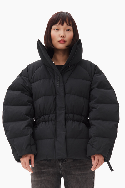 Tech Seersucker Oversized Puffer Jacket F9496 - Black - GANNI