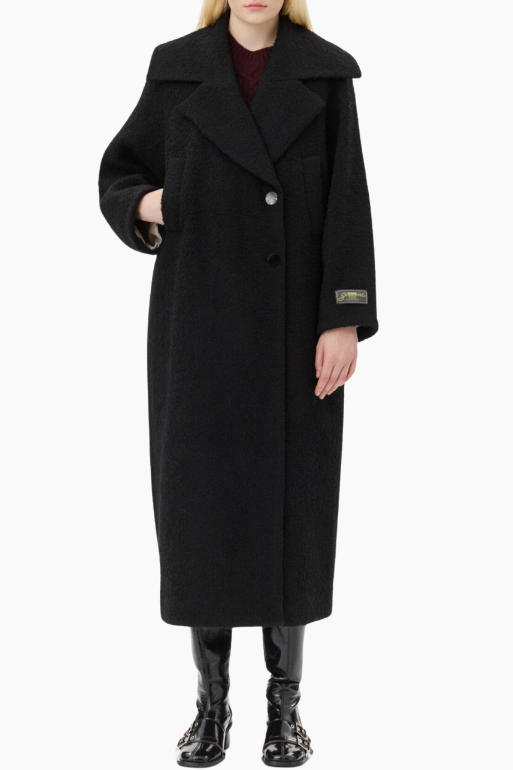 Textured Boucle Wool Coat W0024 - Black - GANNI