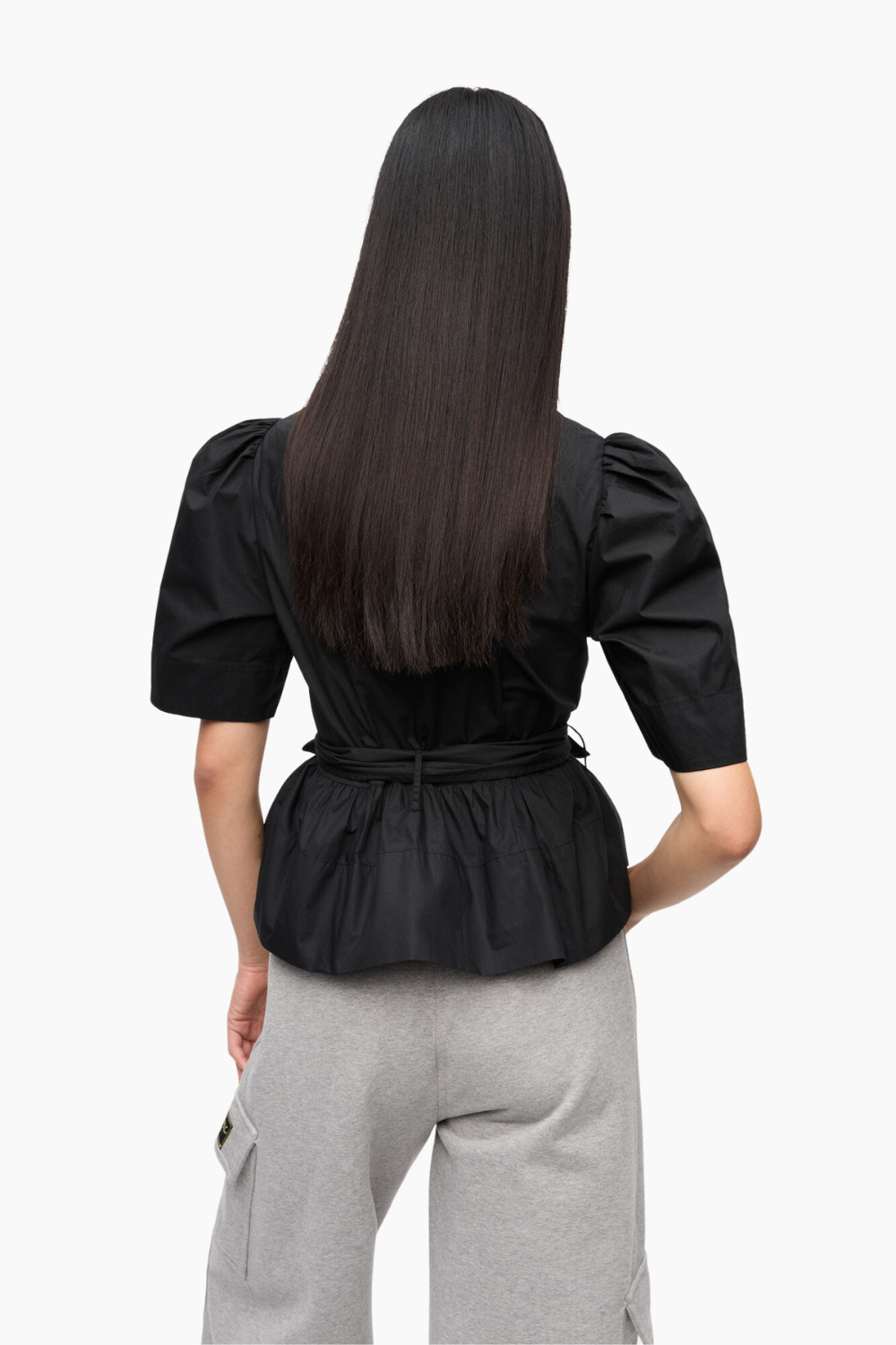 Washed Stretch Cotton Tie Strap Blouse W0378 - Black - GANNI-3