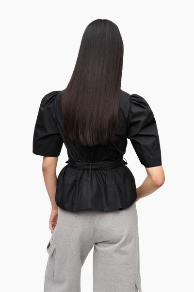 Washed Stretch Cotton Tie Strap Blouse W0378 - Black - GANNI-3