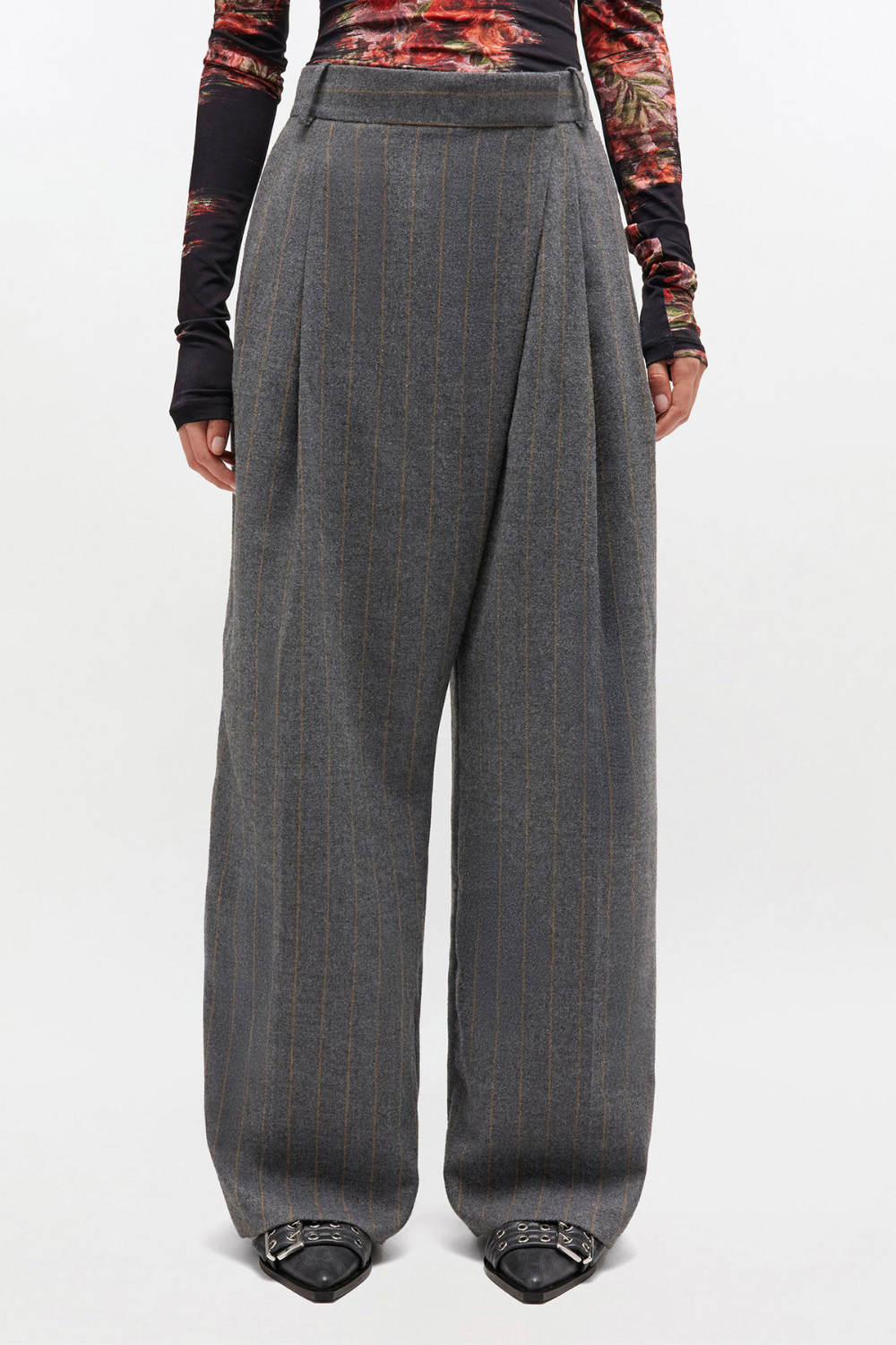 Wool Stripe Mid Waist Pants - Pewter - GANNI