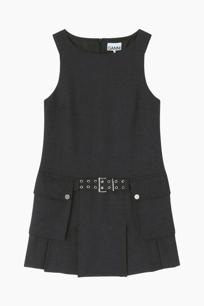 Wool Suiting Belted Mini Dress A1030115 - Phantom - GANNI