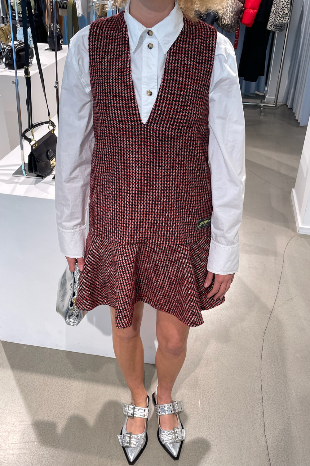 Woollen Check Mini Dress W0032 - Racing Red - GANNI