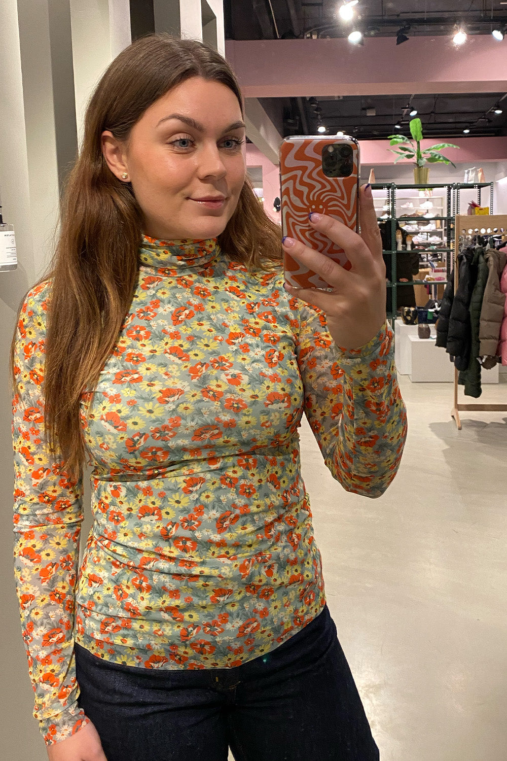 Printed Mesh Long Sleeve Fitted Rollneck - Meadow Celadon Green - GANNI